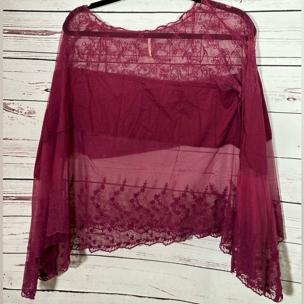 203 - Free People Boho Lacey Embroidered Flower Sheer Combo Top Red Size S